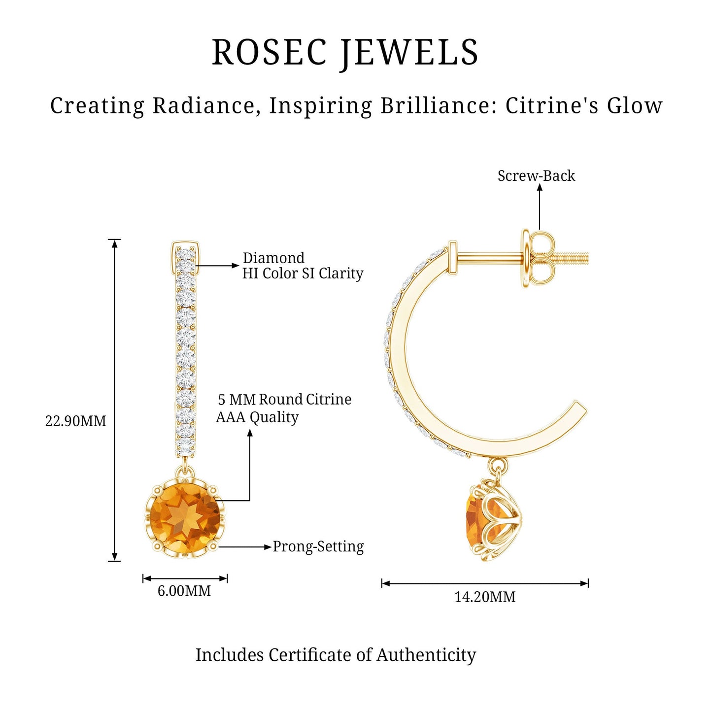 Natural Citrine Diamond Drop Hoop Earrings with Screw Back