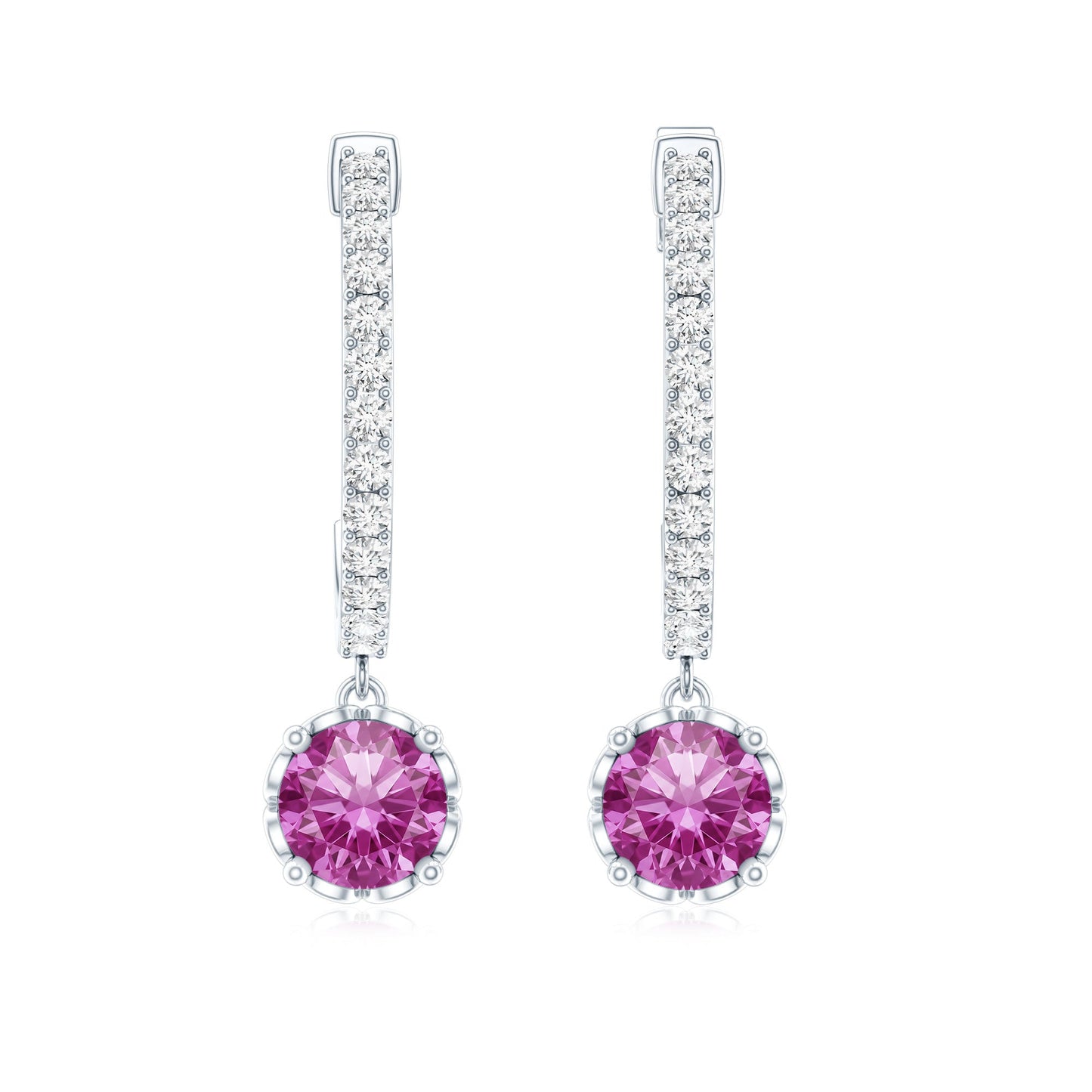 Lab Created Pink Sapphire and Diamond Hoop Drop Earrings