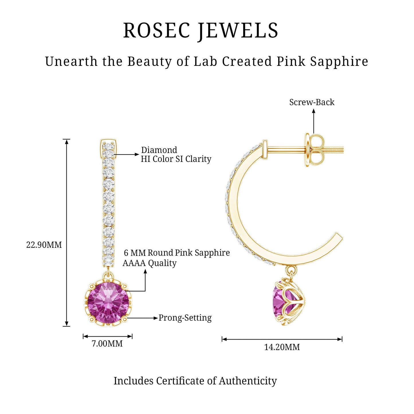 Lab Created Pink Sapphire and Diamond Hoop Drop Earrings