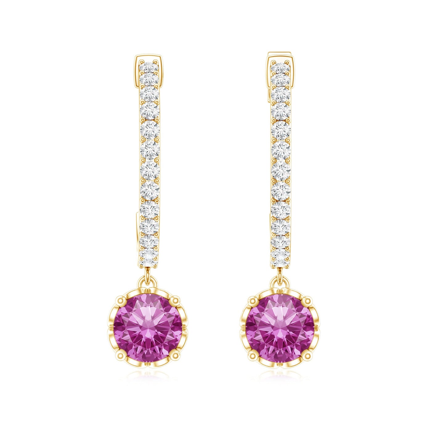 Lab Created Pink Sapphire and Diamond Hoop Drop Earrings