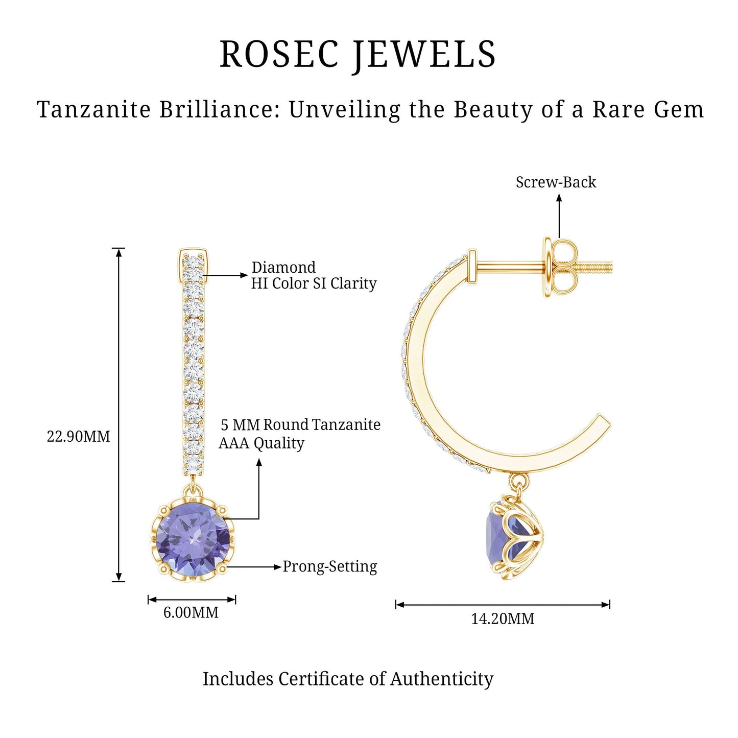 Natural 1 Carat Tanzanite Drop Hoop Earrings with Diamond
