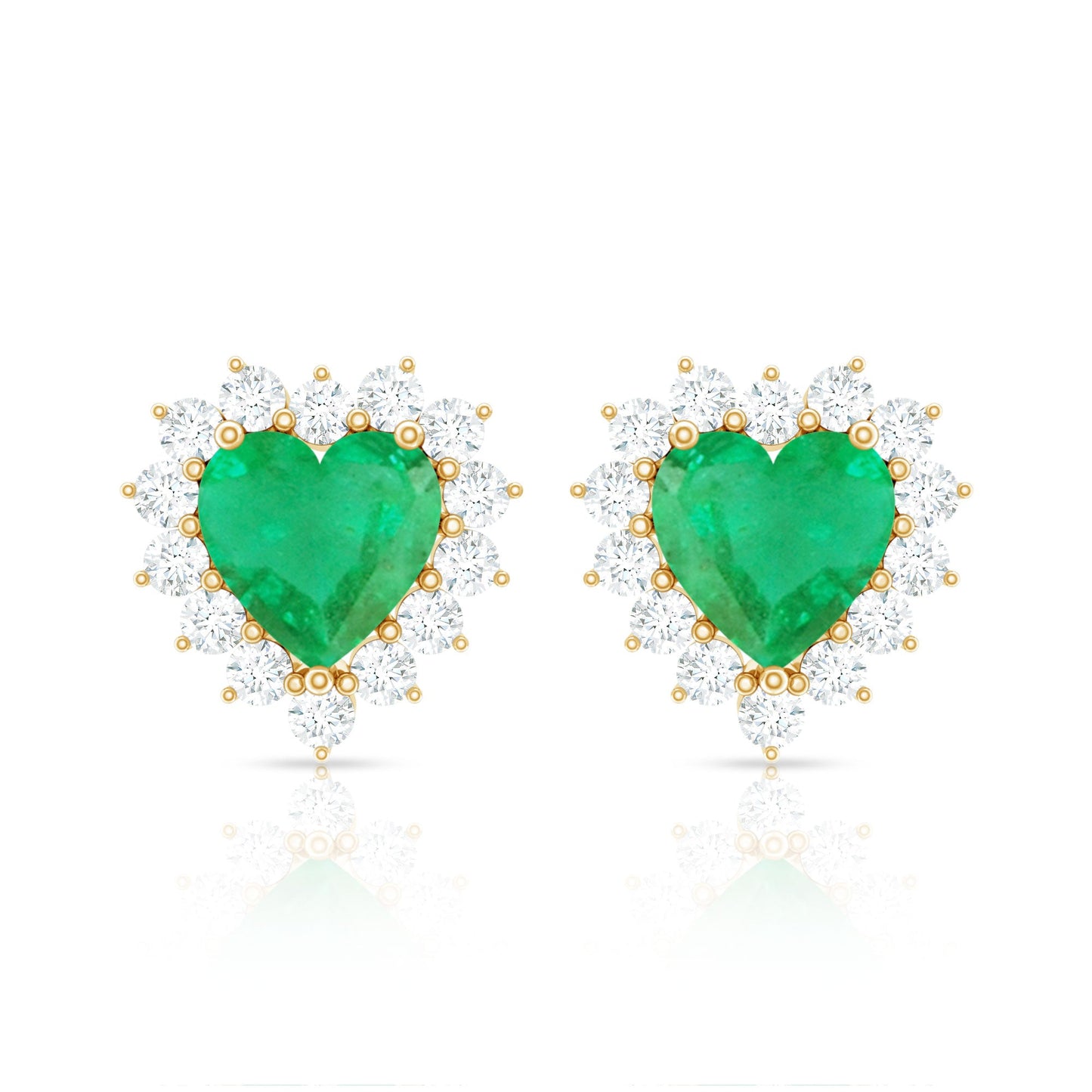 Natural Emerald Heart Stud Earrings with Diamond Halo
