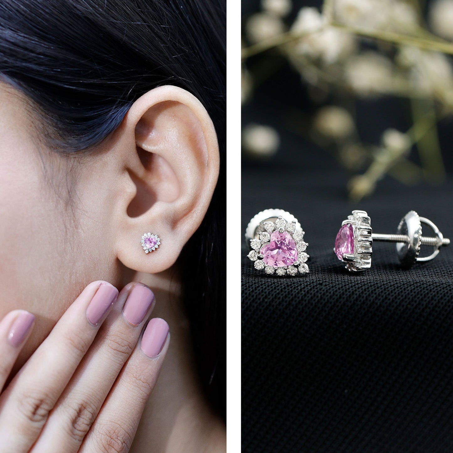 0.6 Carat Lab Grown Pink Sapphire Heart Stud Earrings with Diamond Halo