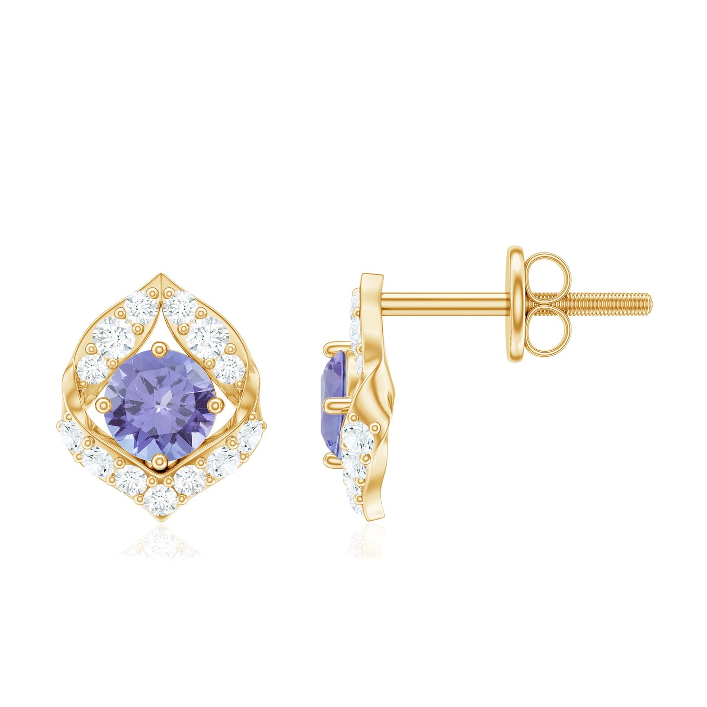 Natural 1 Carat Tanzanite Stud Earrings with Diamond or Women