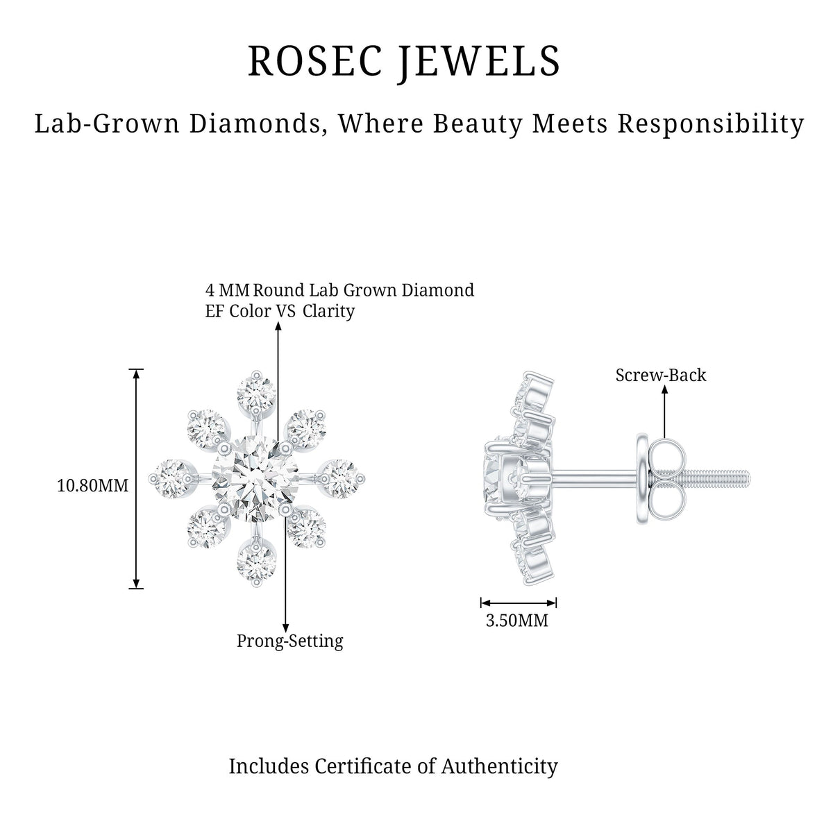 Certified Lab Grown Diamond Snowflake Stud Earrings