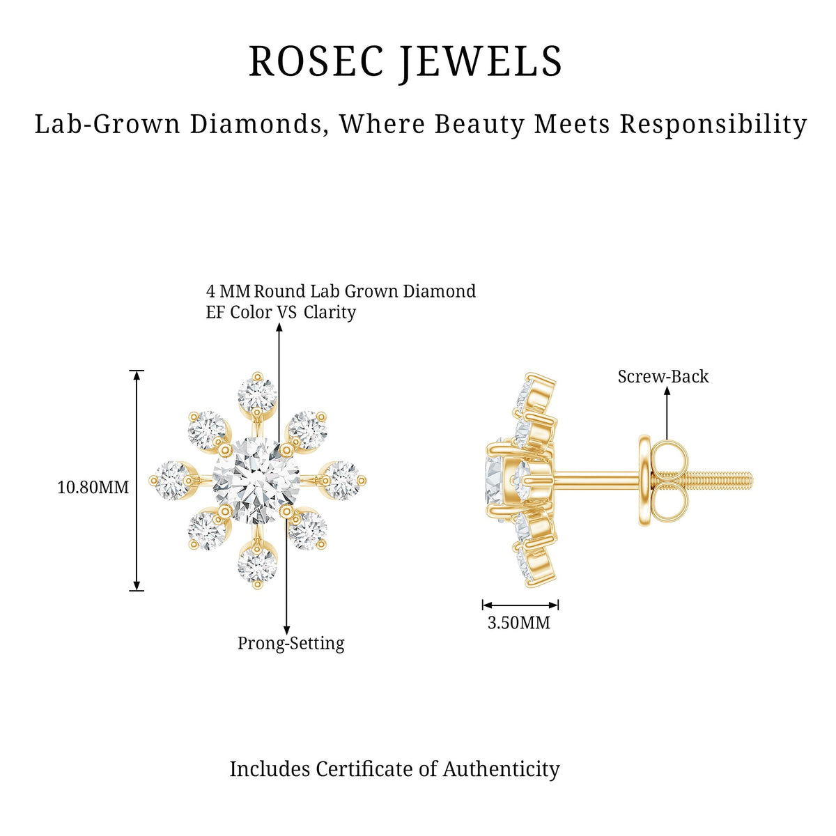 Certified Lab Grown Diamond Snowflake Stud Earrings
