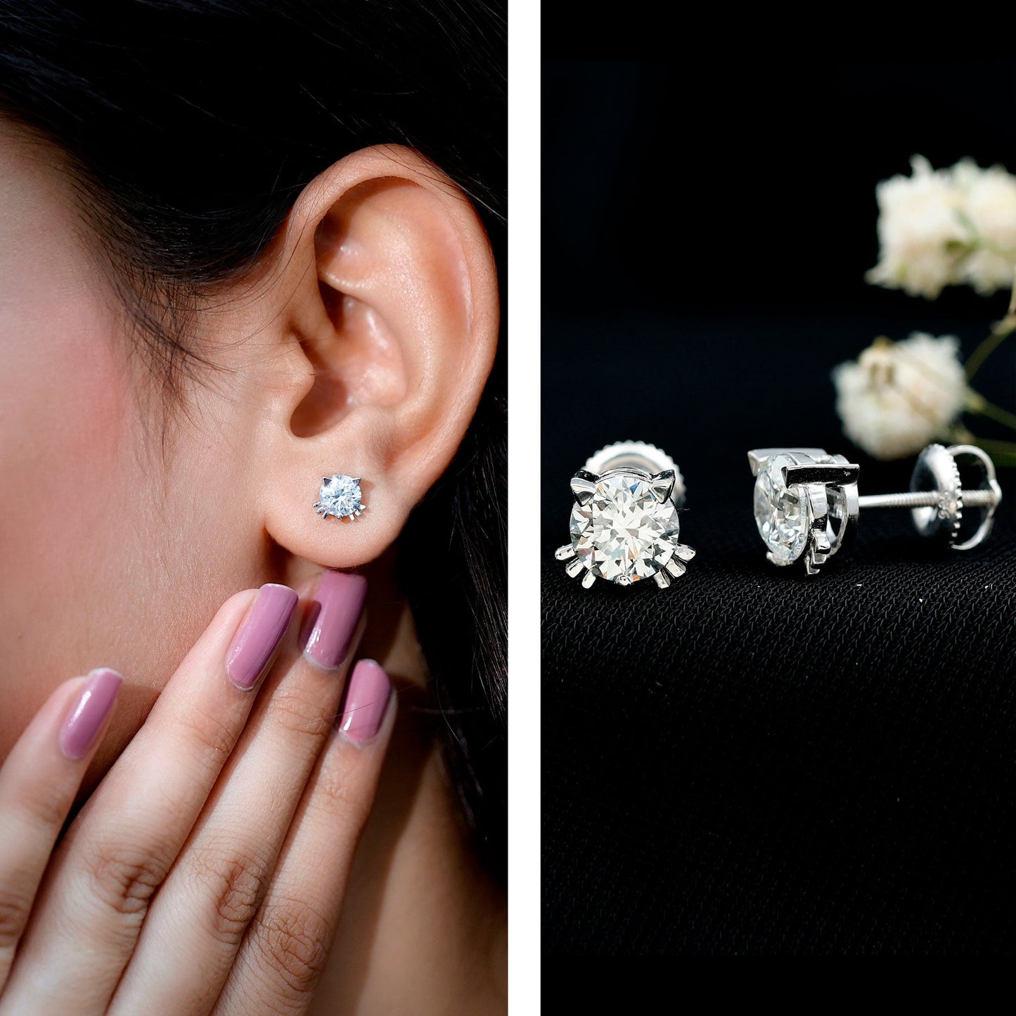 Certified 6MM Lab Grown Diamond Cute Cat Earrings