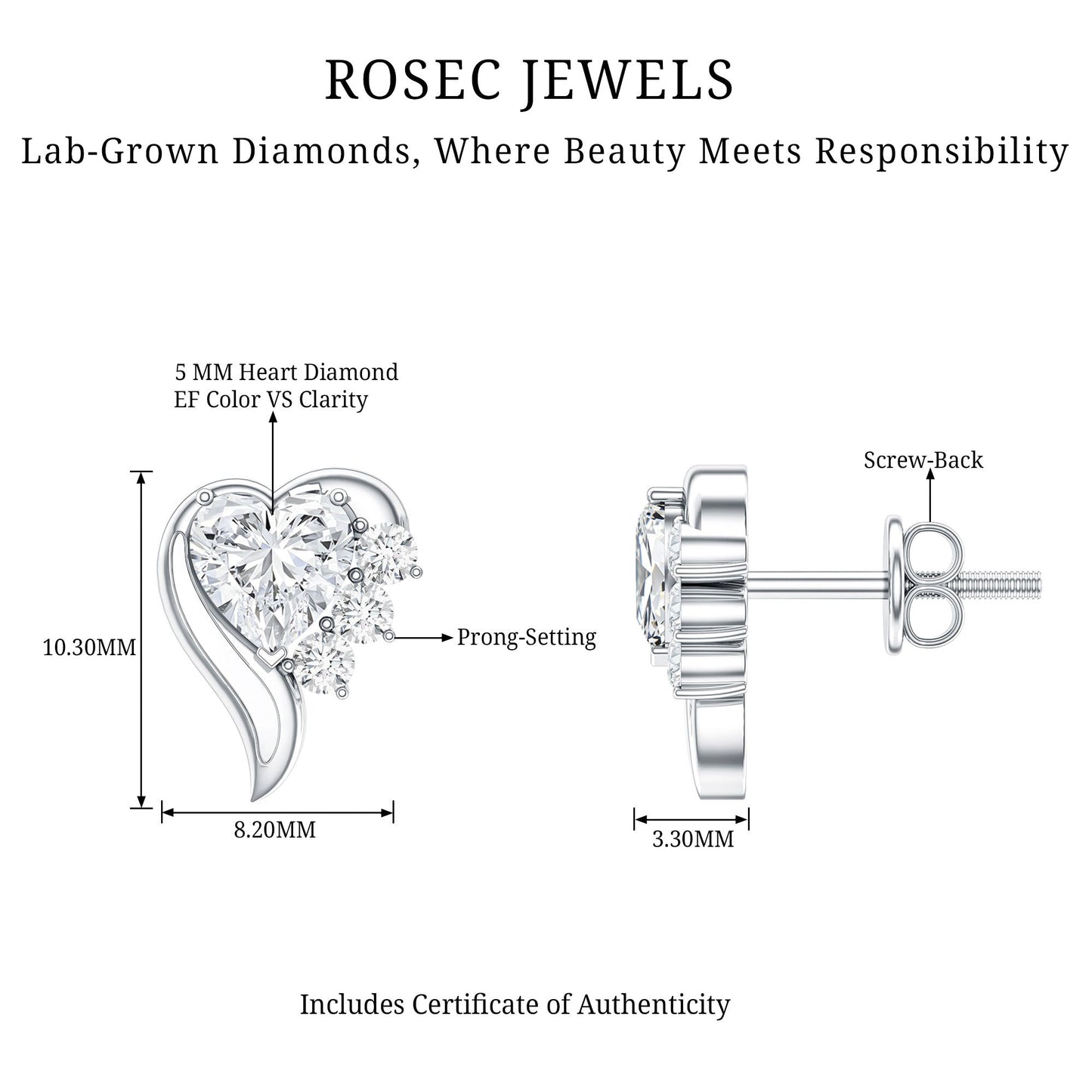 Heart Shape Lab Grown Diamond Minimal Stud Earrings with Screw Back