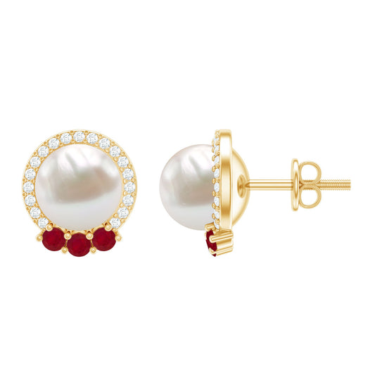 6 Carat Freshwater Pearl Stud Earrings with Ruby and Diamond Halo