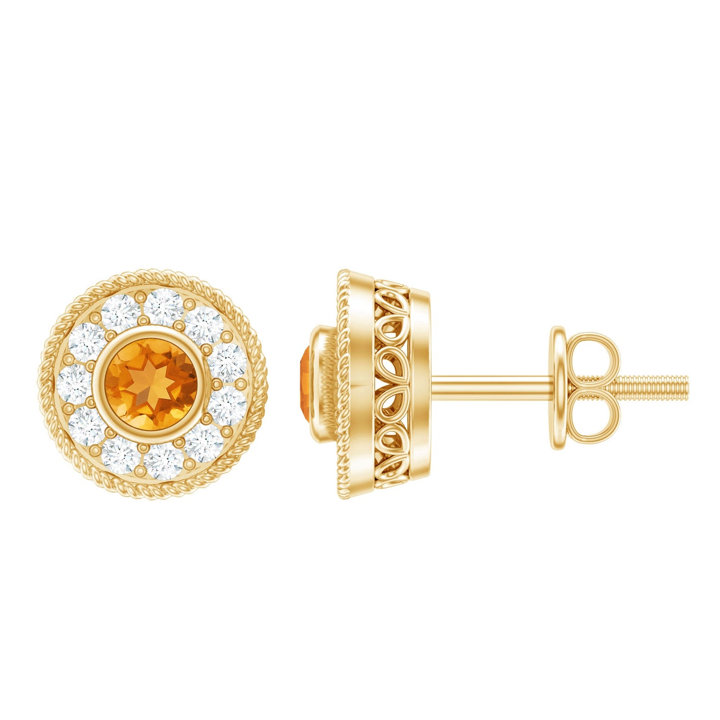 Round Citrine Halo Stud Earrings with Diamonds