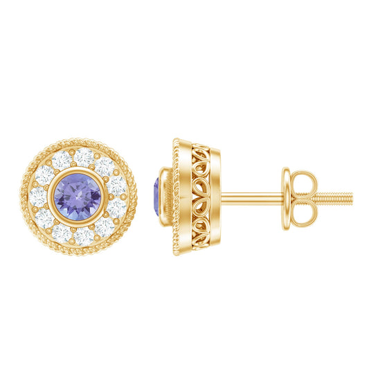 Antique Style Tanzanite and Diamond Halo Stud Earrings