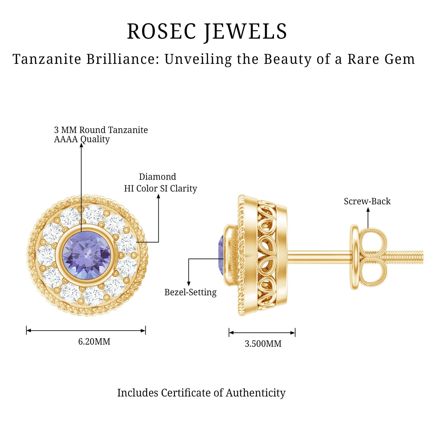 Antique Style Tanzanite and Diamond Halo Stud Earrings