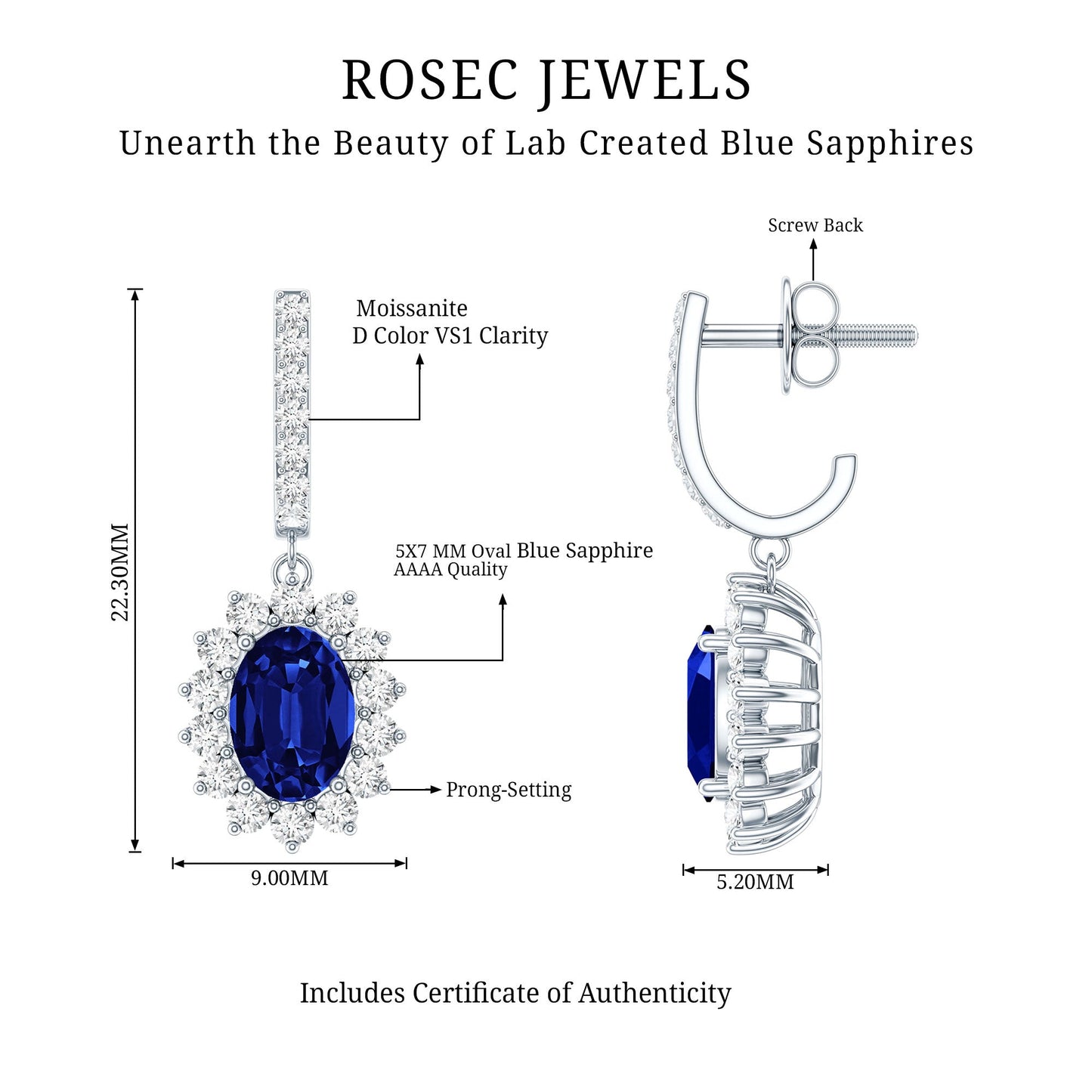Women's Lab Grown Blue Sapphire Princess Diana Inspired Earrings