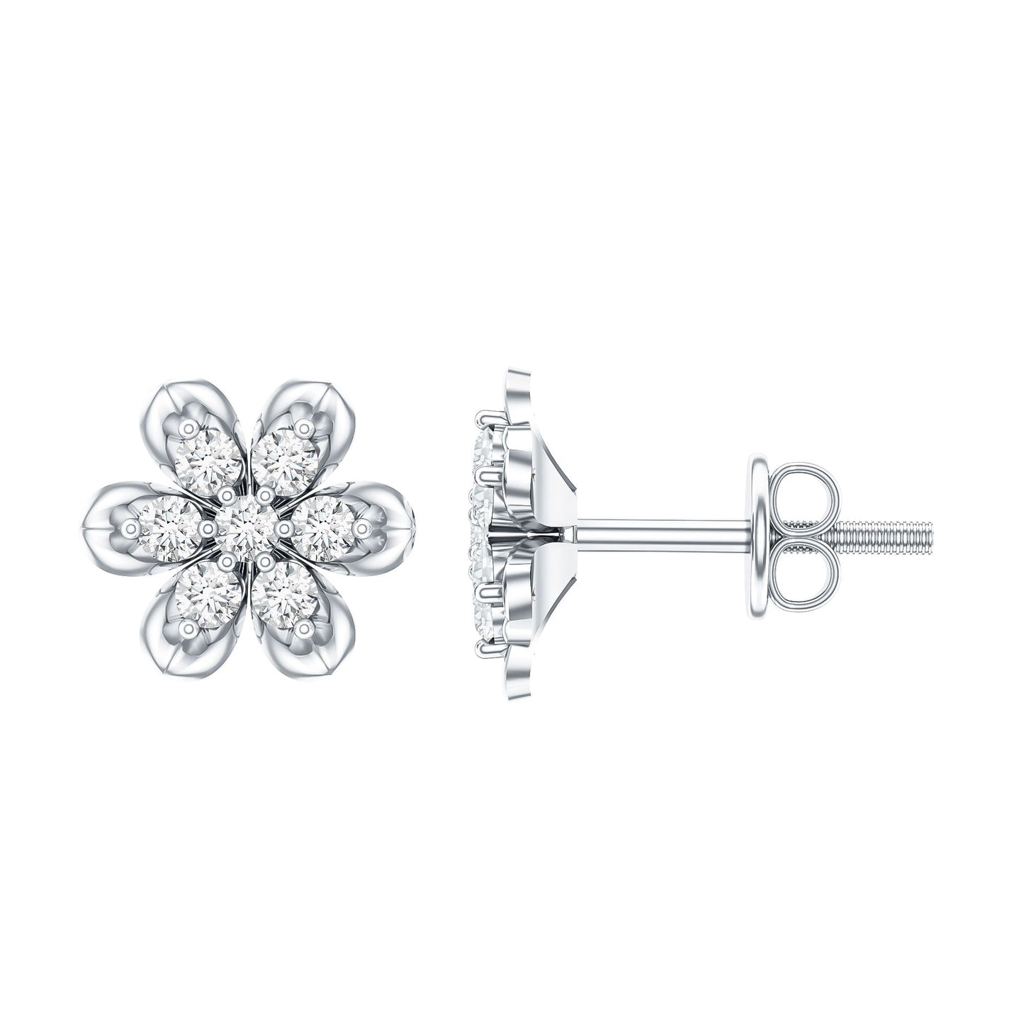 Brilliant Cut Diamond Flower Stud Earrings with Screw Back