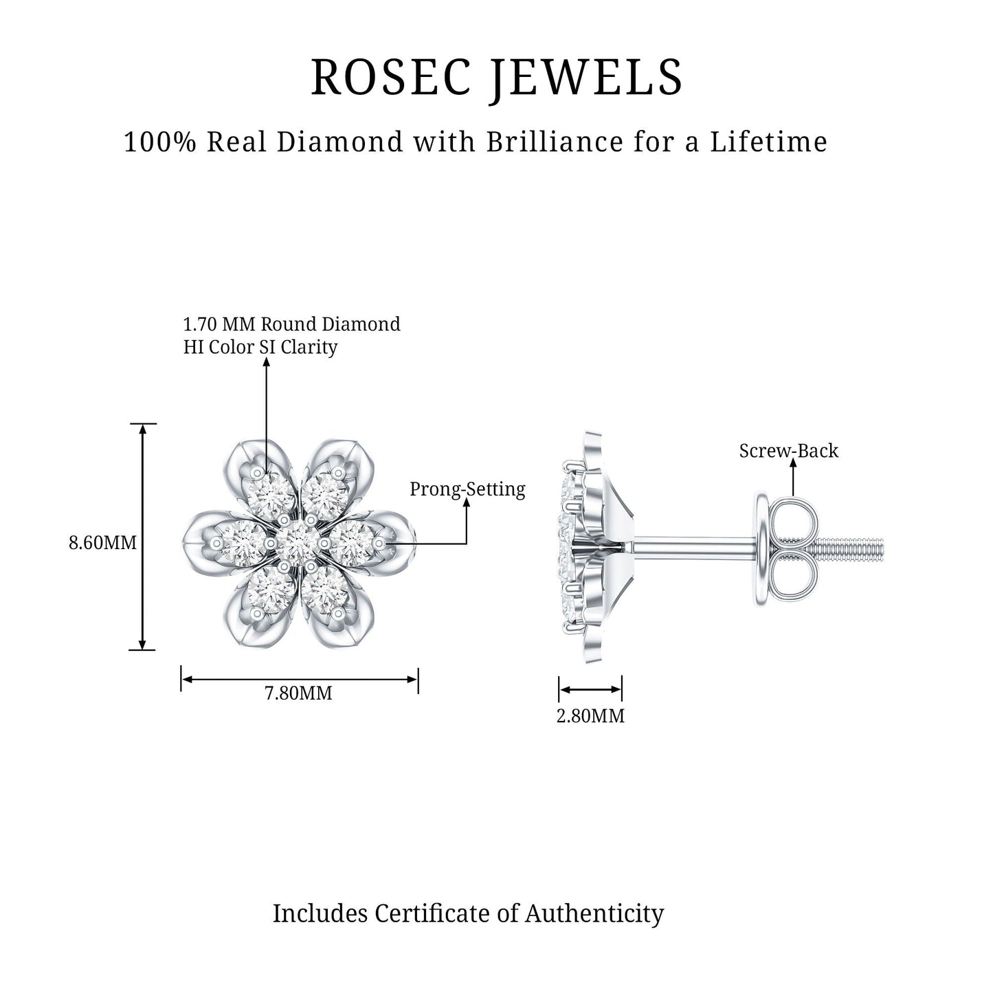 Brilliant Cut Diamond Flower Stud Earrings with Screw Back