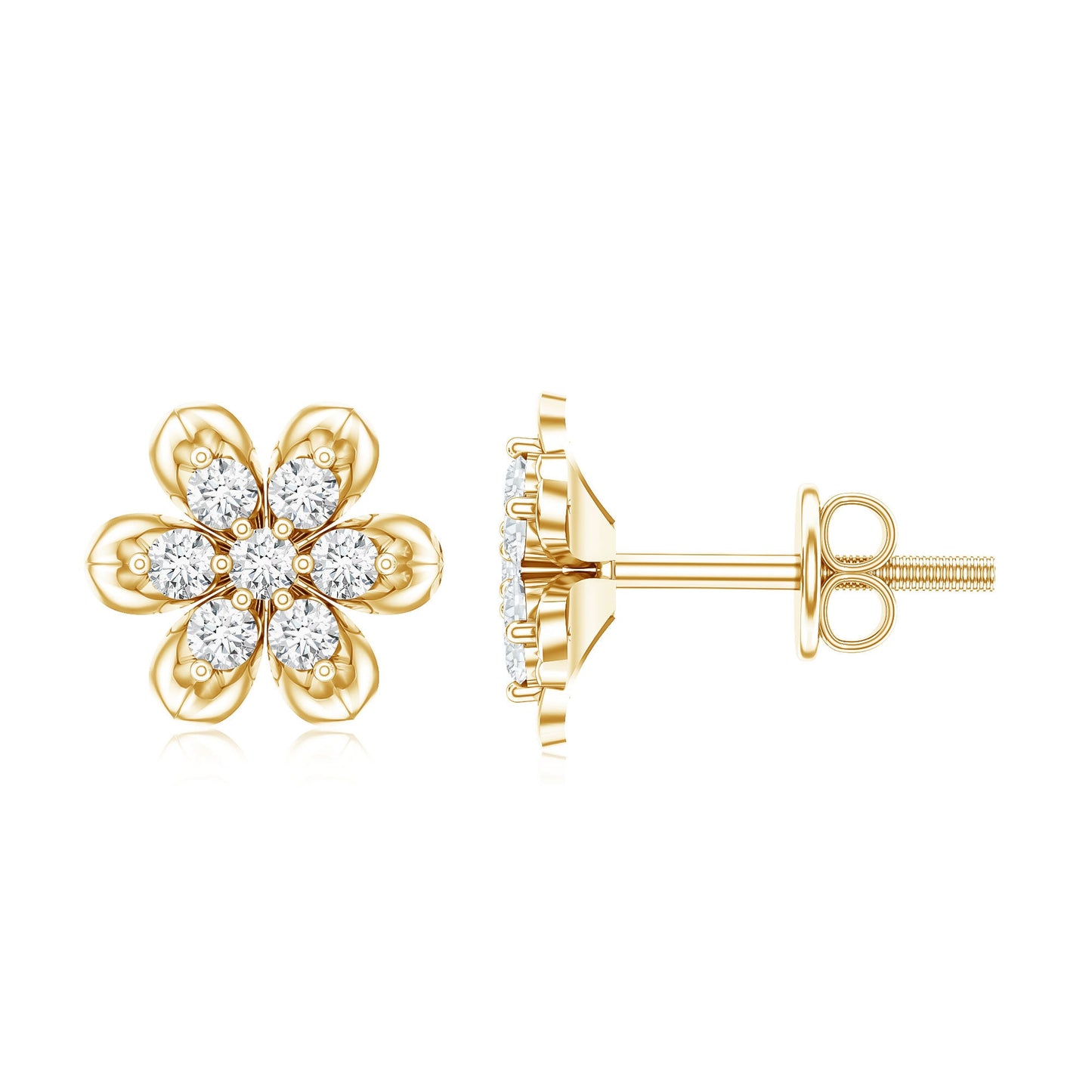 Brilliant Cut Diamond Flower Stud Earrings with Screw Back