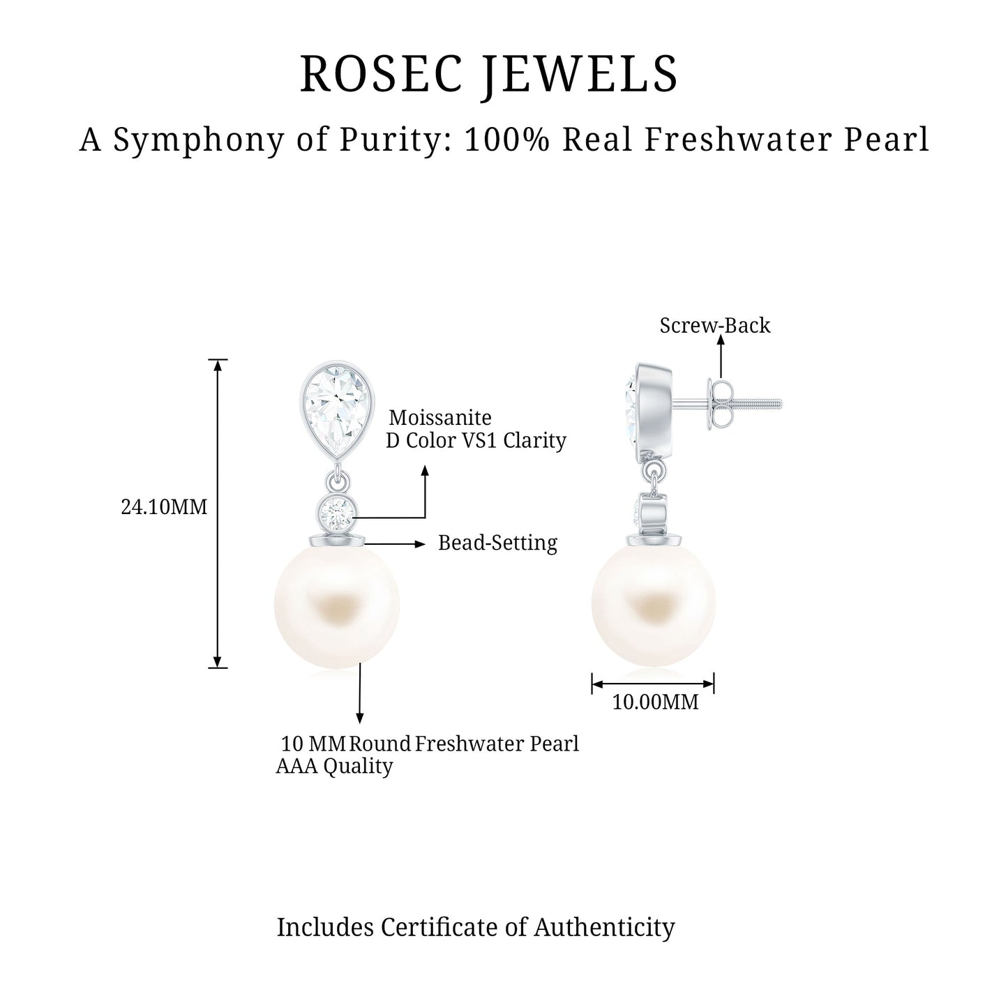 Real Freshwater Pearl and Moissanite Drop Earrings
