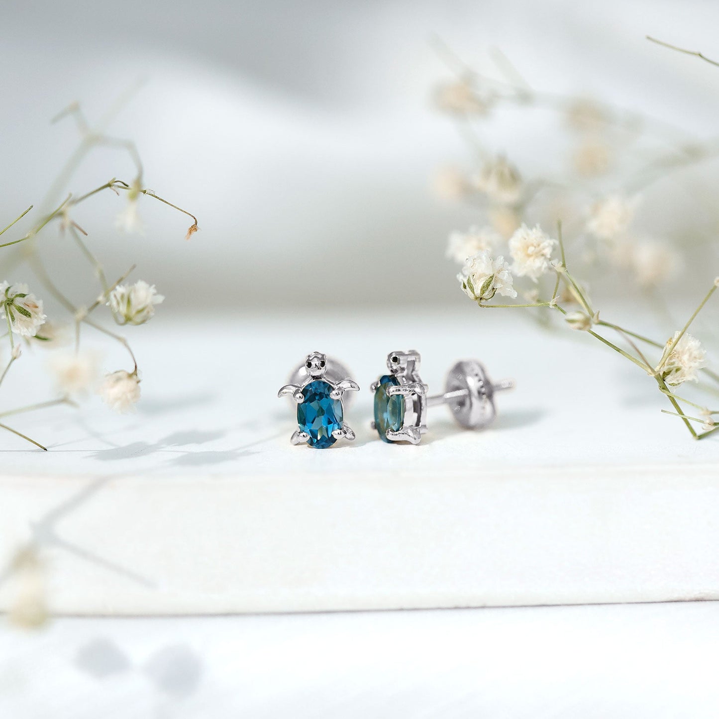Genuine London Blue Topaz Tortoise Stud Earrings
