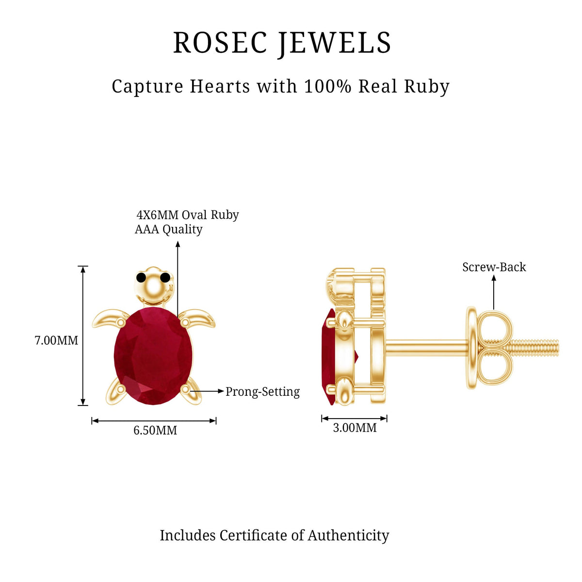1.2 Carat Turtle Stud Earrings with Oval Cut Ruby