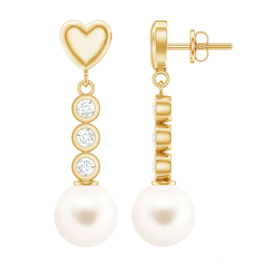 Genuine 6 Carat Freshwater Pearl and Diamond Dangle Earrings