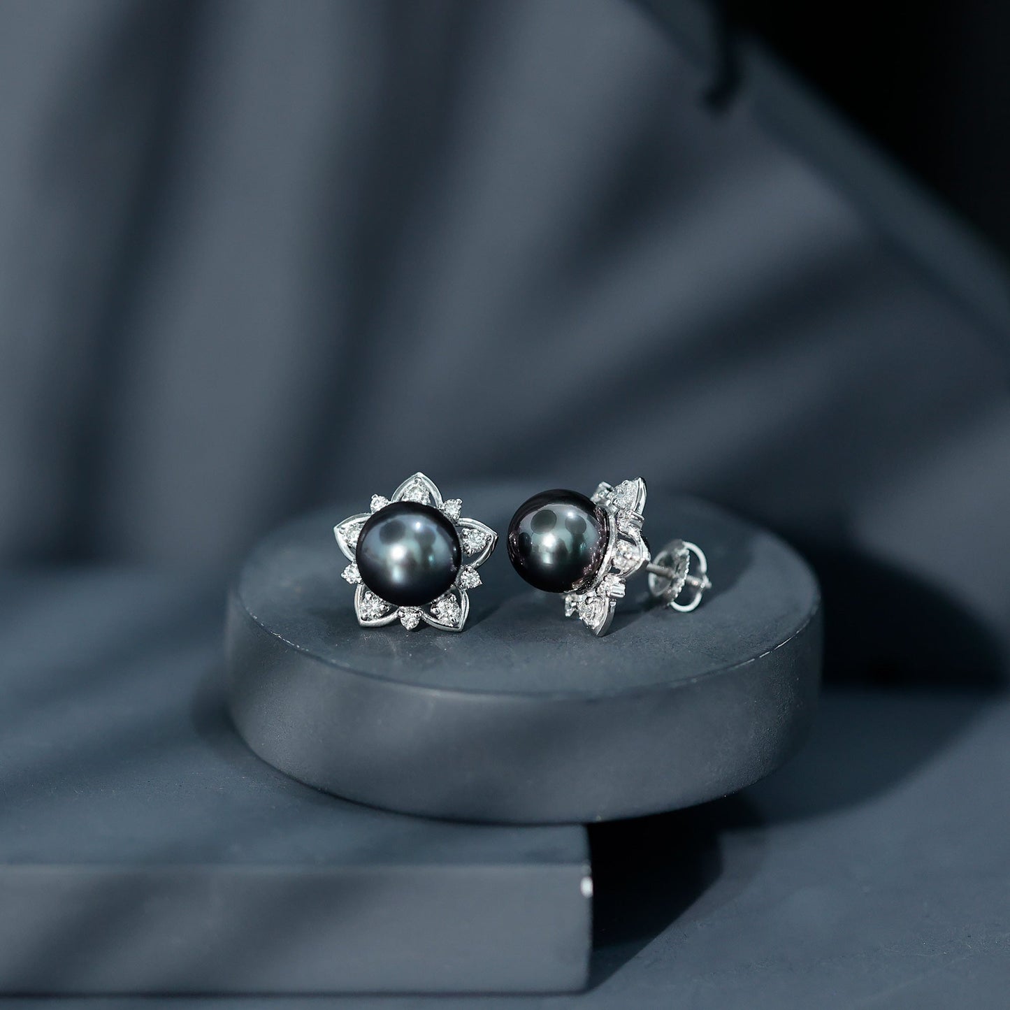 Genuine Tahitian Black Pearl and Diamond Flower Stud Earrings