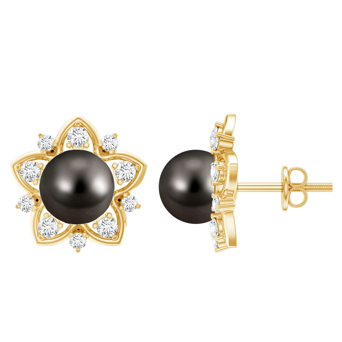 Genuine Tahitian Black Pearl and Diamond Flower Stud Earrings