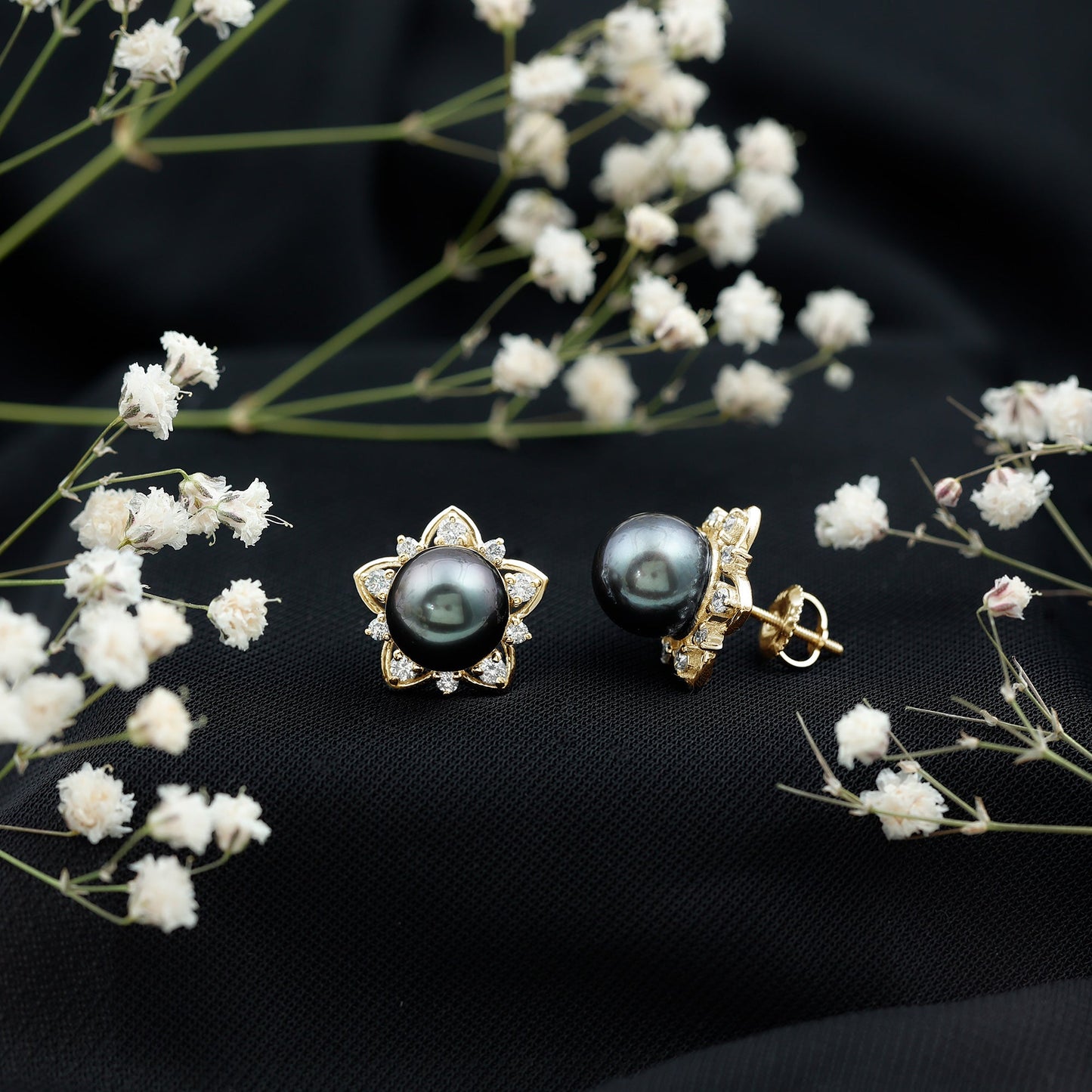 Genuine Tahitian Black Pearl and Diamond Flower Stud Earrings
