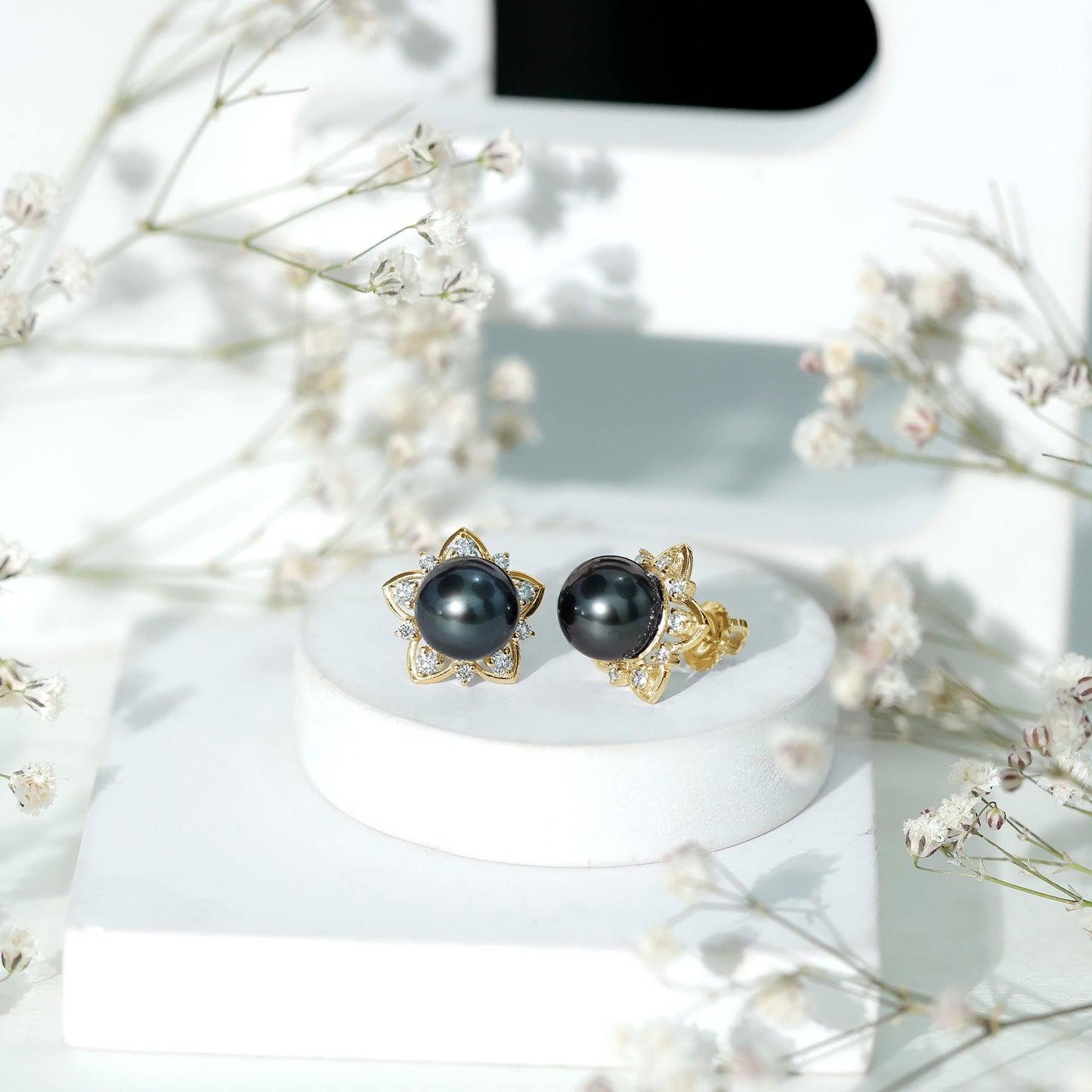 Genuine Tahitian Black Pearl and Diamond Flower Stud Earrings