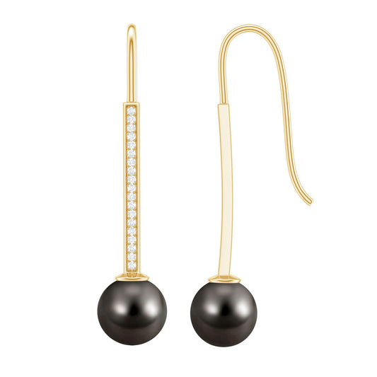 Genuine 15 CT Tahitian Black Pearl and Diamond Dangle Drop Earrings