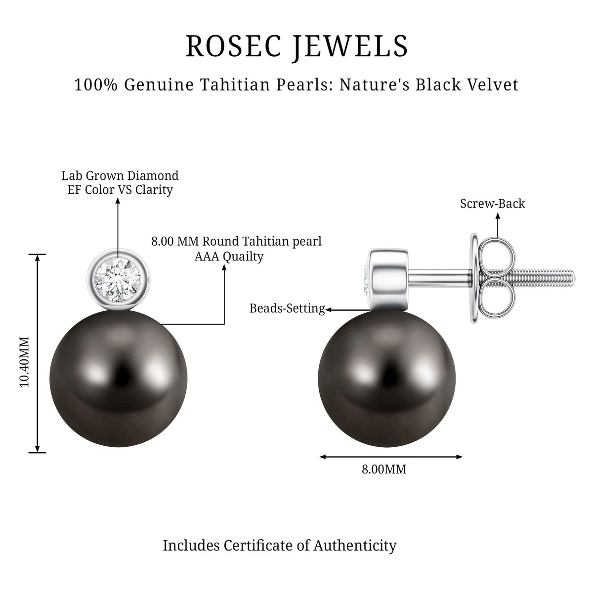 Genuine Tahitian Black Pearl Stud Earrings For Women