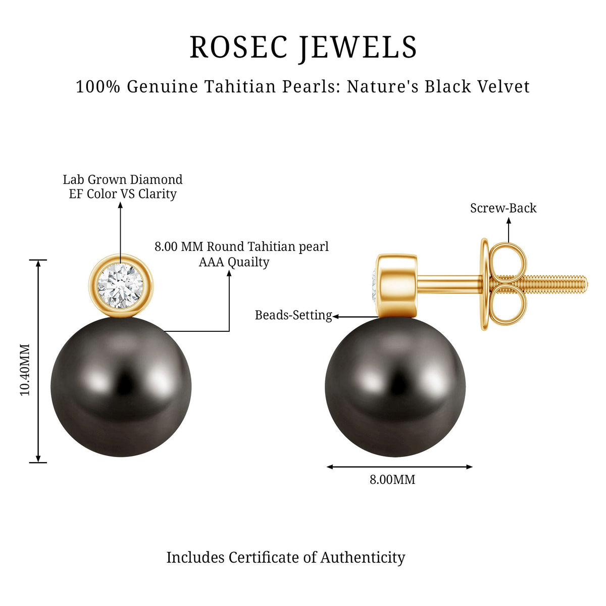 Genuine Tahitian Black Pearl Stud Earrings For Women