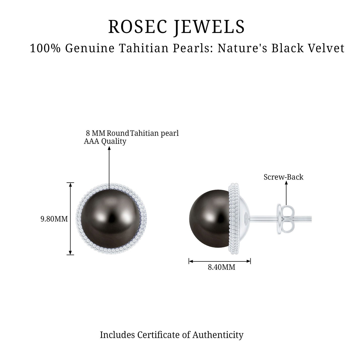 15 Carat Tahitian Black Pearl Solitaire Stud Earrings with Beaded Detail