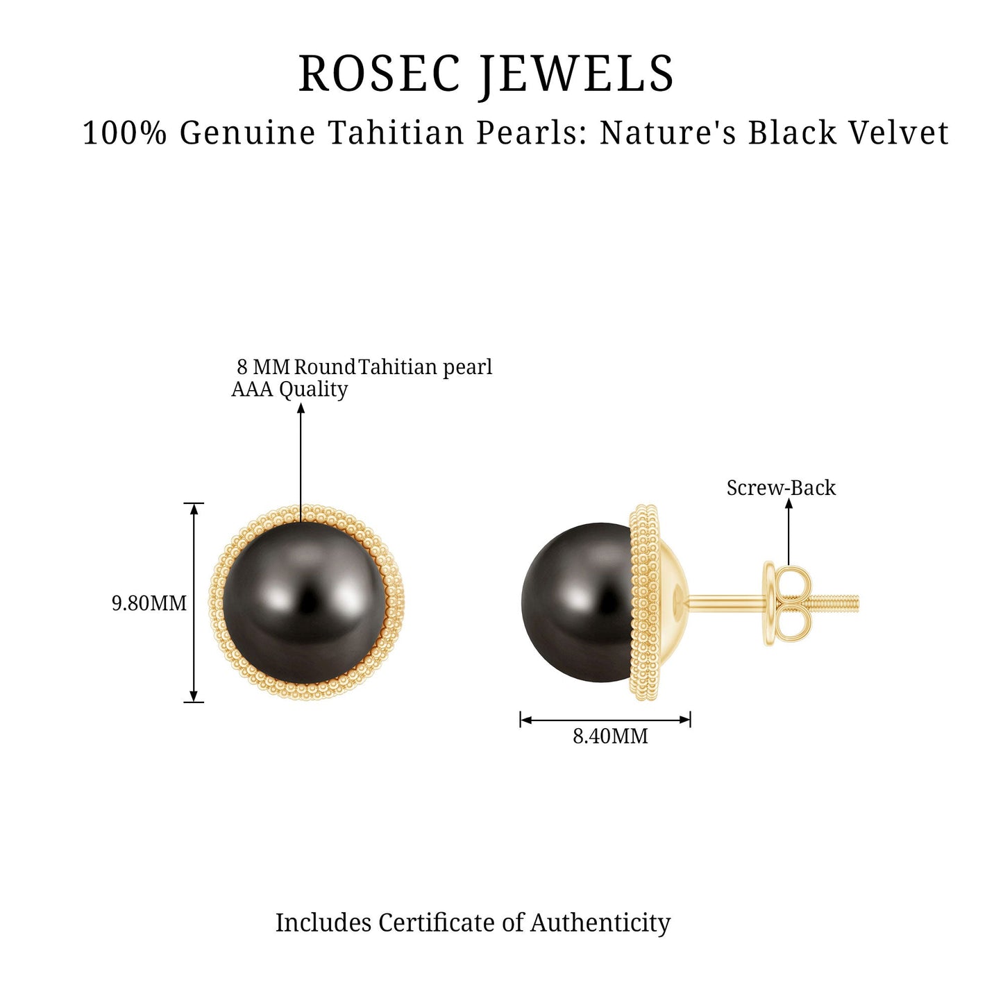 15 Carat Tahitian Black Pearl Solitaire Stud Earrings with Beaded Detail
