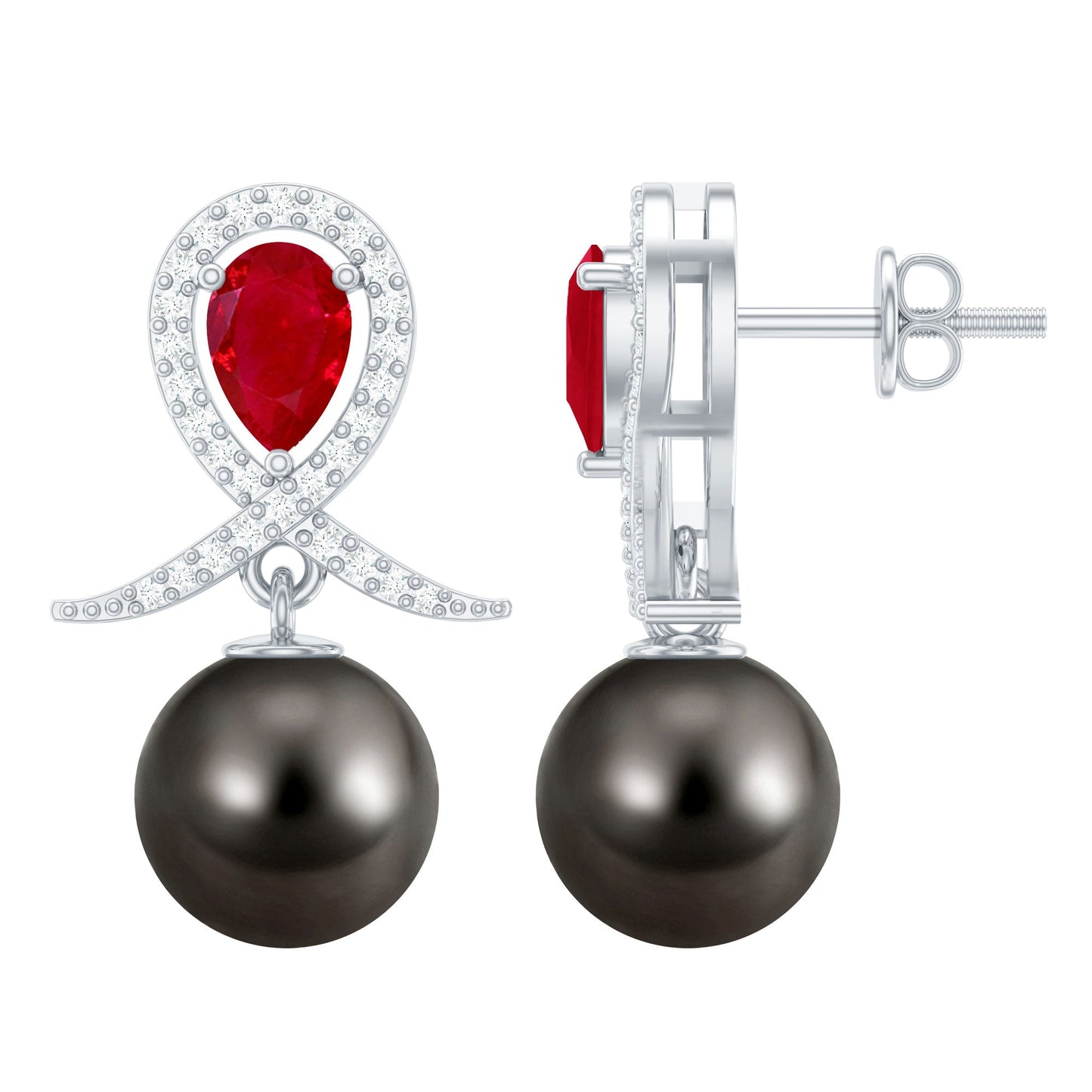 Vintage Style Tahitian Black Pearl Bridal Earrings with Ruby