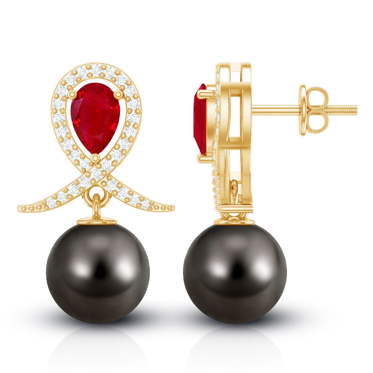 Vintage Style Tahitian Black Pearl Bridal Earrings with Ruby