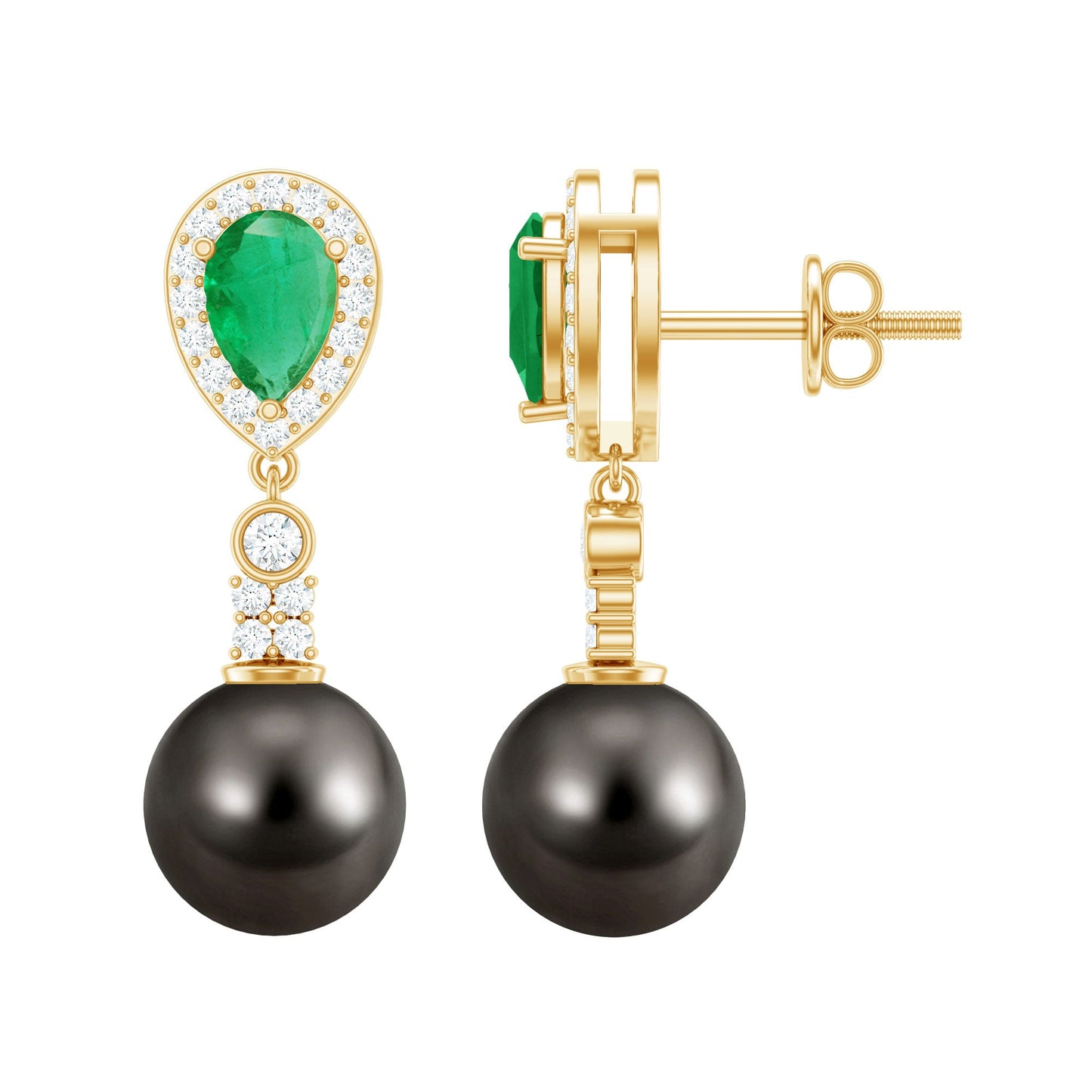 Genuine Black Pearl Wedding Earrings with Emerald and Diamond