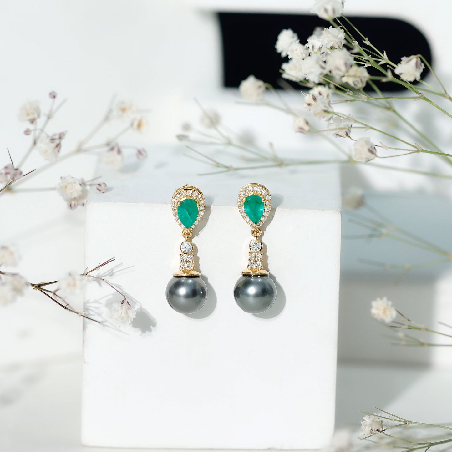 Genuine Black Pearl Wedding Earrings with Emerald and Diamond
