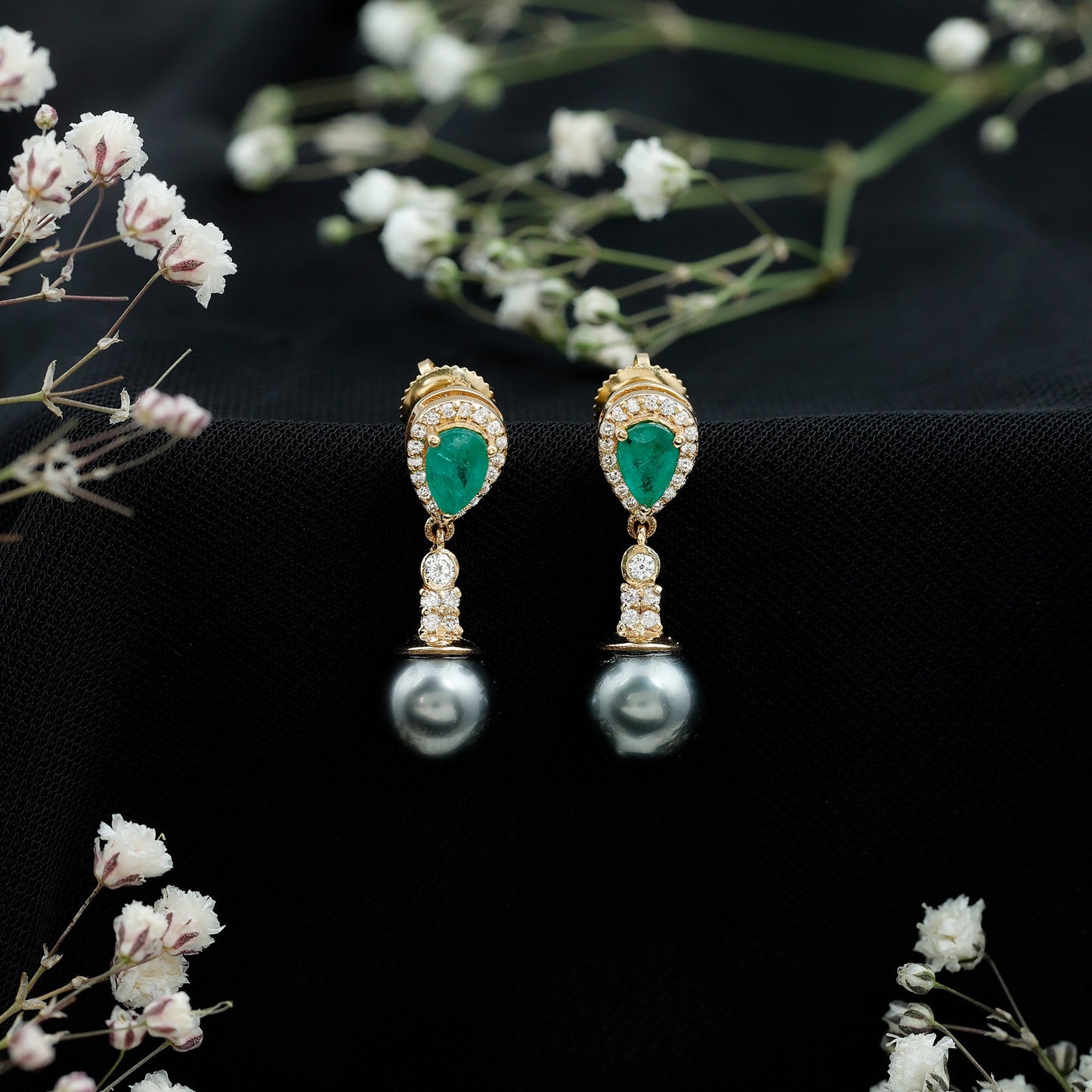 Genuine Black Pearl Wedding Earrings with Emerald and Diamond