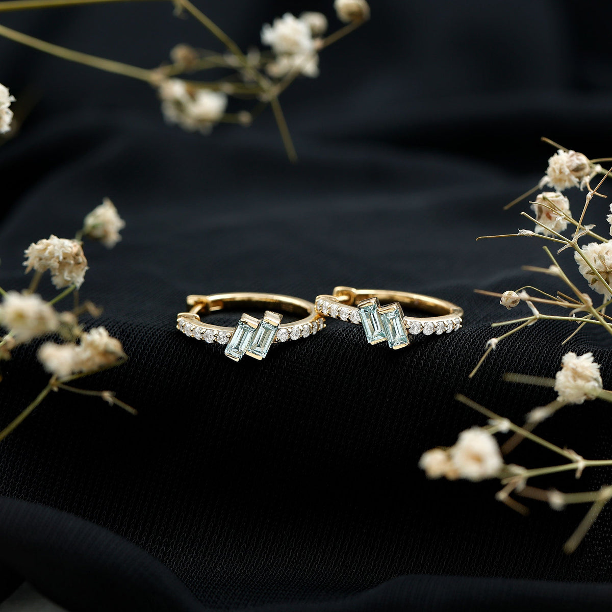 Natural Baguette Shape Sky Blue Topaz Diamond Hoop Earrings