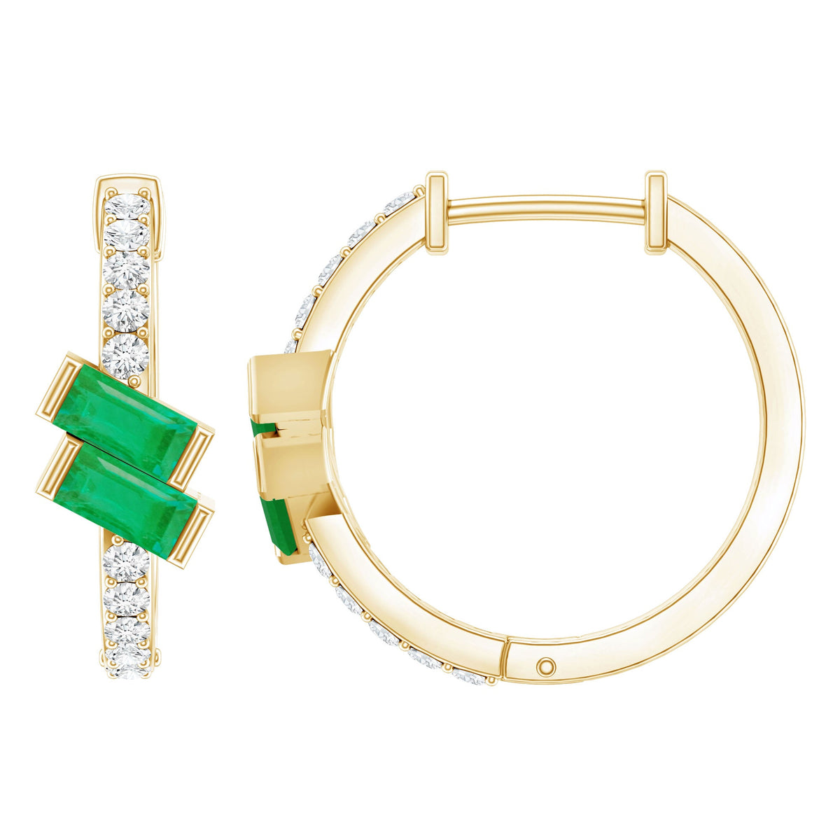 Baguette Emerald and Diamond Hoop Earrings For Women