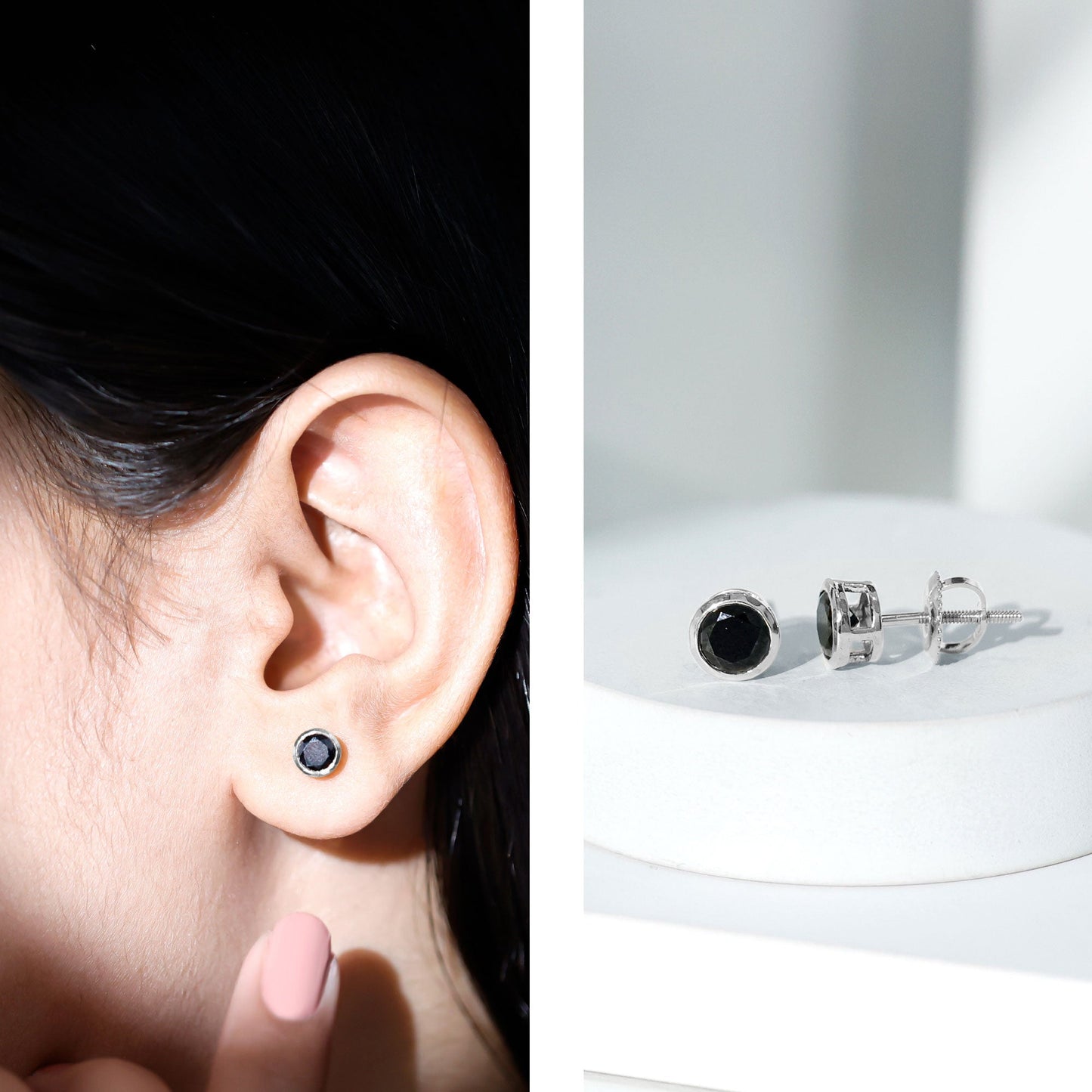 1.6 Carat Created Black Diamond Solitaire Stud Earring in Bezel Setting