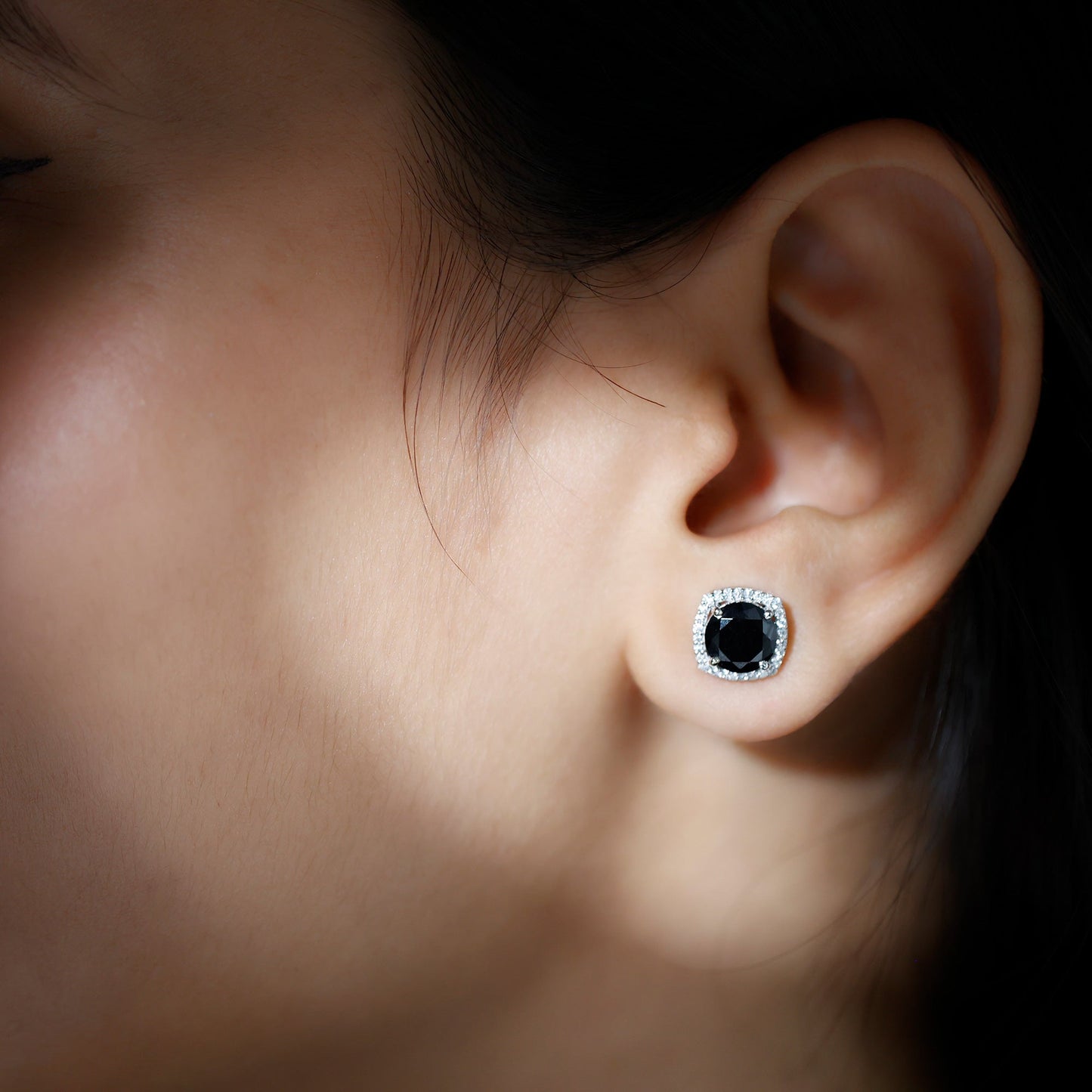 Vintage Black Onyx Stud Earrings with Diamond Halo