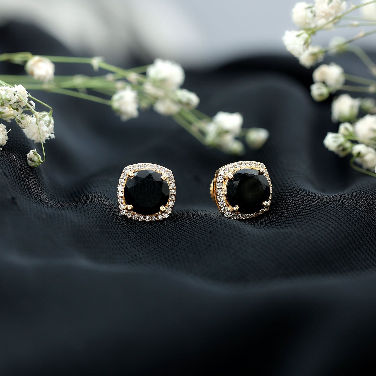 Vintage Black Onyx Stud Earrings with Diamond Halo