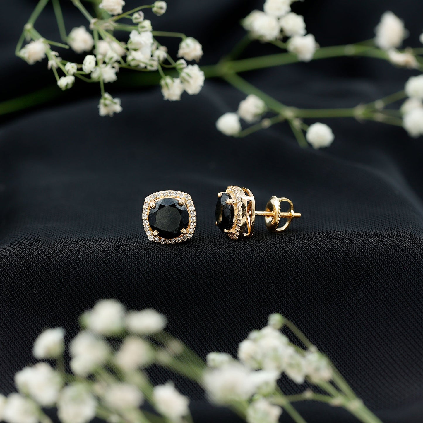 3 Carat Black Spinel Stud Earrings with Diamond Halo