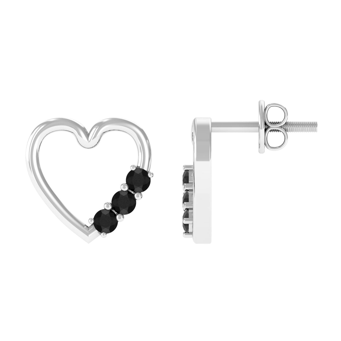 Open Heart Stud Earrings with 3 Lab Created Black Diamonds