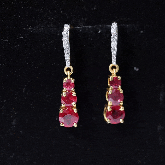 Certified Lab Created Ruby Three Stone Dangle Earrings with Moissanite