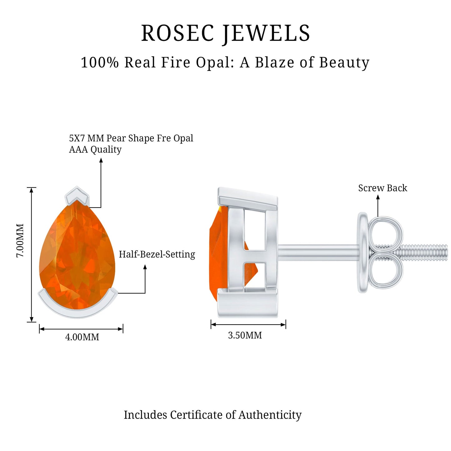 Natural 1 Carat Fire Opal Teardrop Stud Earrings