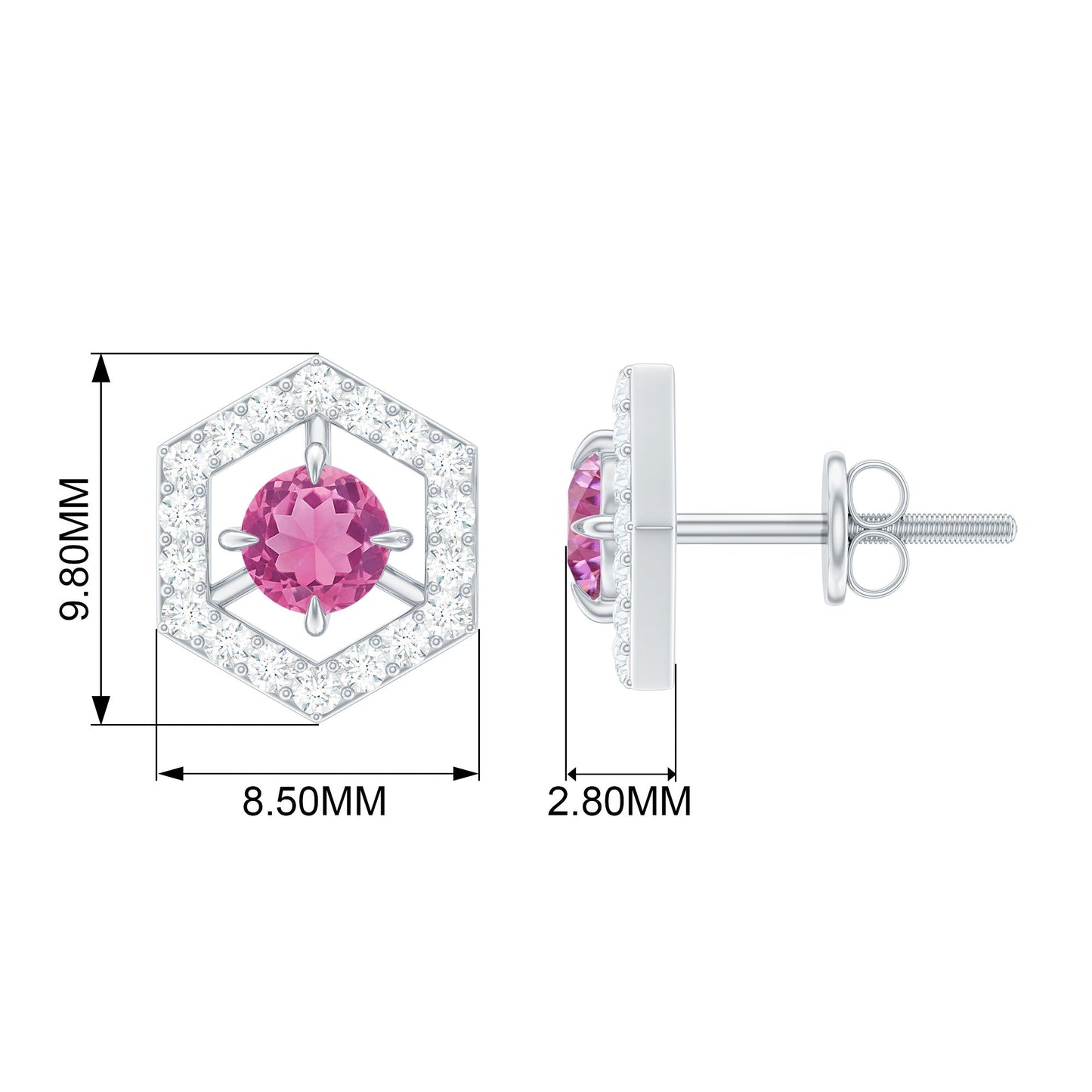 0.4 Carat Minimal Pink Tourmaline and Diamond Geometric Stud Earrings
