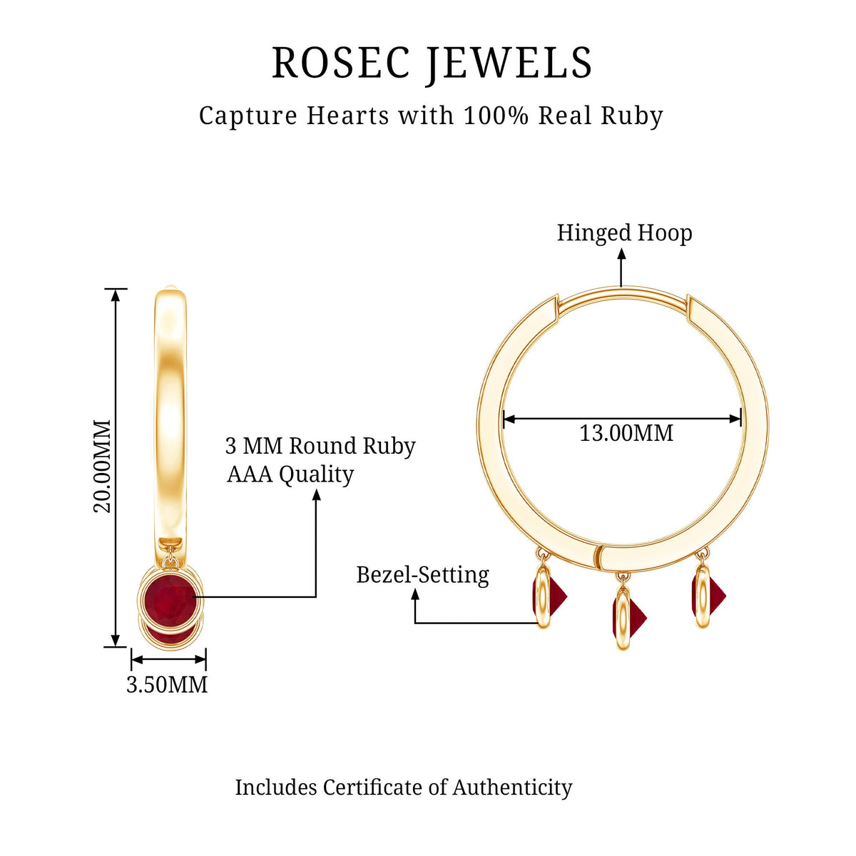 Natural Ruby Drop Hoop Earrings for Women