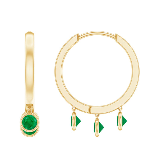 Certified Real 3 Stone Emerald Drop Hoop Earrings